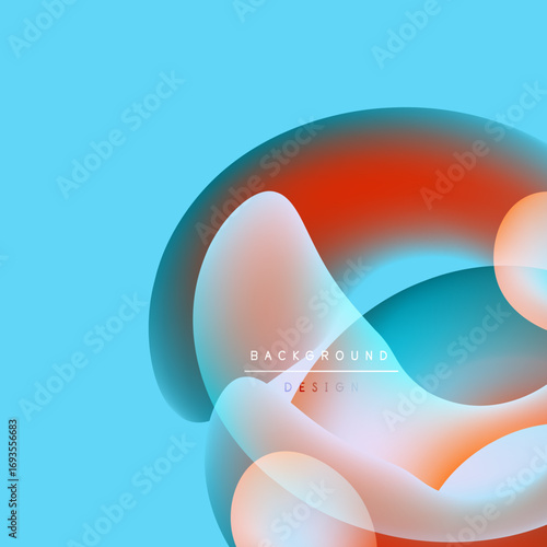 Abstract fluid shapes overlap, creating vibrant color gradients. Blue background complements warm red, orange hues. Modern design element.