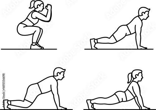 Four illustrations of people performing different exercises: a squat, a plank, a push-up, and a cobra pose.