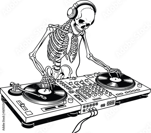 Skeleton dj with headphones mixing music on turntables in black and white style