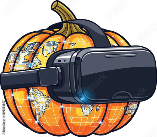 Cartoon pumpkin with world map texture wearing a virtual reality headset for halloween