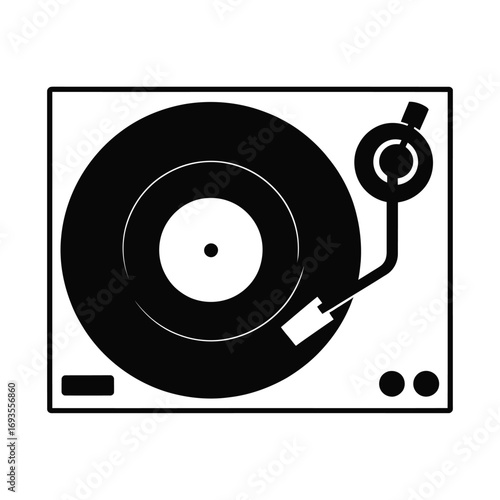 Black and white illustration of a vintage record player with vinyl disc