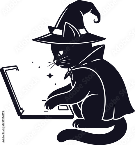 Black cat wearing a witch hat types on a laptop with magical sparkles around it