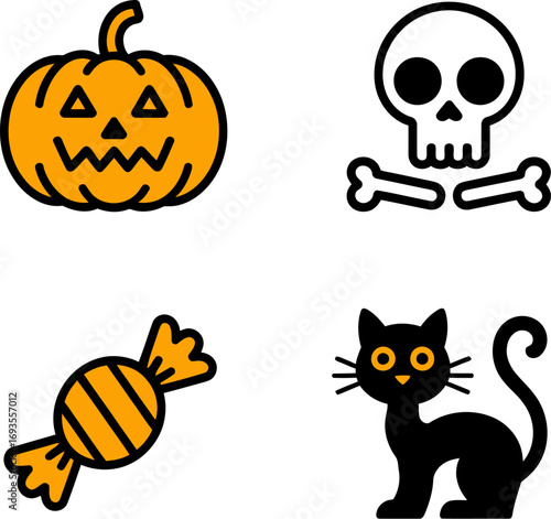 A collection of Halloween-themed illustrations featuring a pumpkin, skull, candy, and black cat.