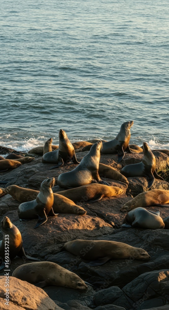 Obraz premium A large group of seals rests on dark, rocky coastal terrain, bathed in the warm light of a sunrise or sunset.