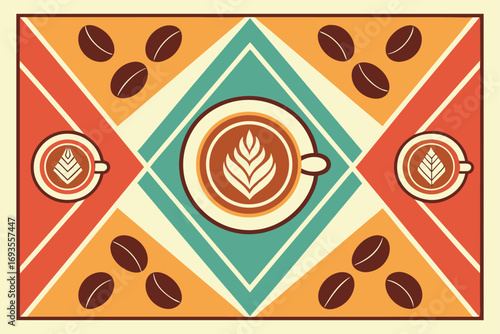Abstract Geometric Pattern with Coffee Cups and Beans
