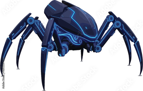 Futuristic robotic spider with glowing blue lines stands on a white background