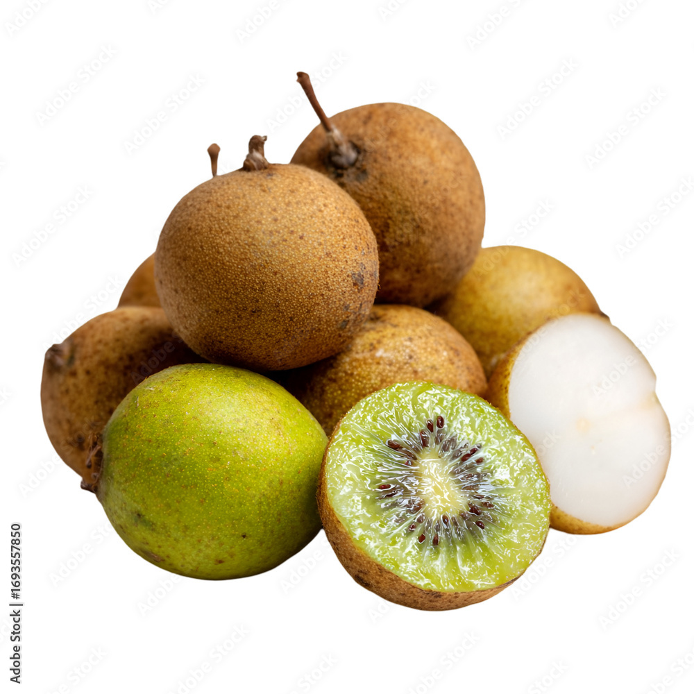 Fototapeta premium Harvesting exotic fruits fresh kiwi and sapodilla kitchen table culinary photography natural light close-up healthy eating