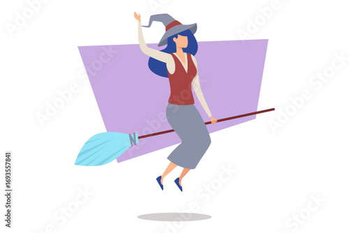 Witch dressed in floppy hat joyfully riding broomstick. She waving cheerfully while celebrating Halloween during festive party atmosphere
