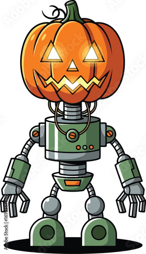 Cartoon halloween robot with a pumpkin head and glowing eyes stands on white