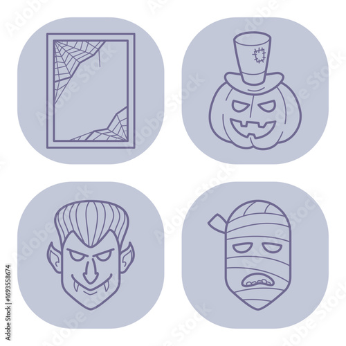 Collection of Halloween icons featuring spooky mirror, carved pumpkin, vampire character, and wrapped mummy. Perfect for decorating party invitations or themed events