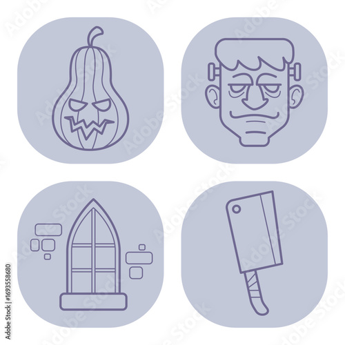 Collection of Halloween-themed icons set against light background. Carved pumpkin, cartoonish monster face, spooky window, and cleaver, perfect for festive designs