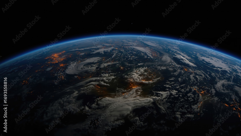 Obraz premium Earth from space showcasing illuminated cities and a clear atmosphere against a dark background