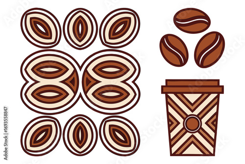 Coffee beans, cup, and abstract coffee bean shapes