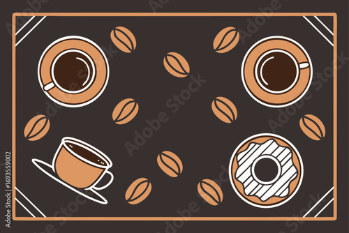 Coffee break with cups donut and coffee beans on dark background