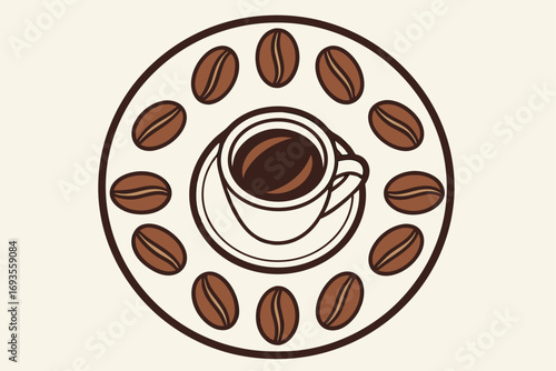 Coffee cup and beans arranged in a circle saucer coffee beans