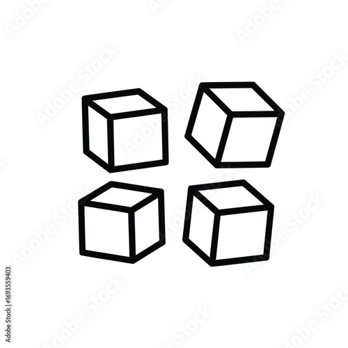 Four simple hand drawn cubes arranged in a square formation