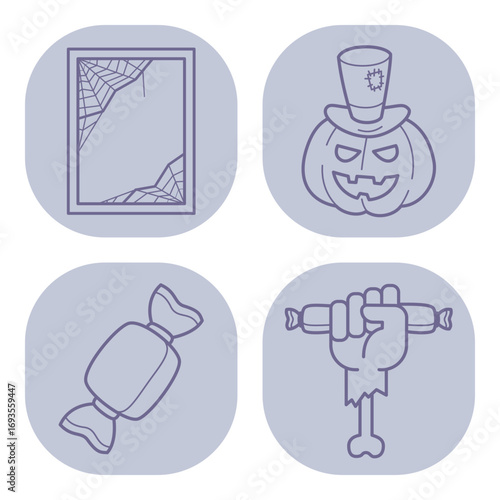 Collection of essential Halloween icons, including spooky pumpkin, candy, creepy mirror, and hand holding candy. Halloween event concept
