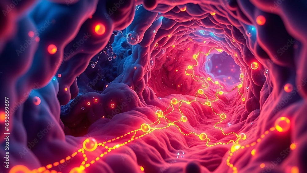 Fototapeta premium An abstract microscopic view inside a cell with glowing pathways and new traffic patterns of luminous proteins.