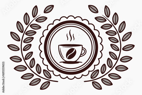 Coffee Cup Emblem with Laurel Wreath and Coffee Bean