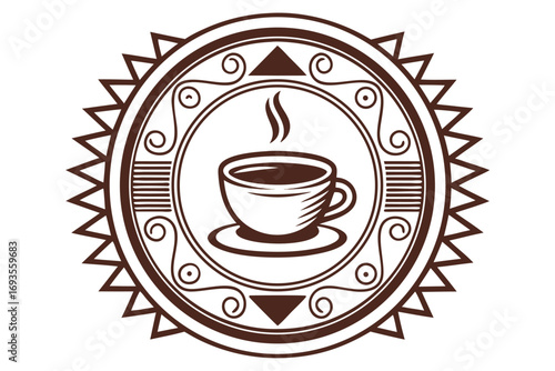 Coffee cup emblem with intricate design logo