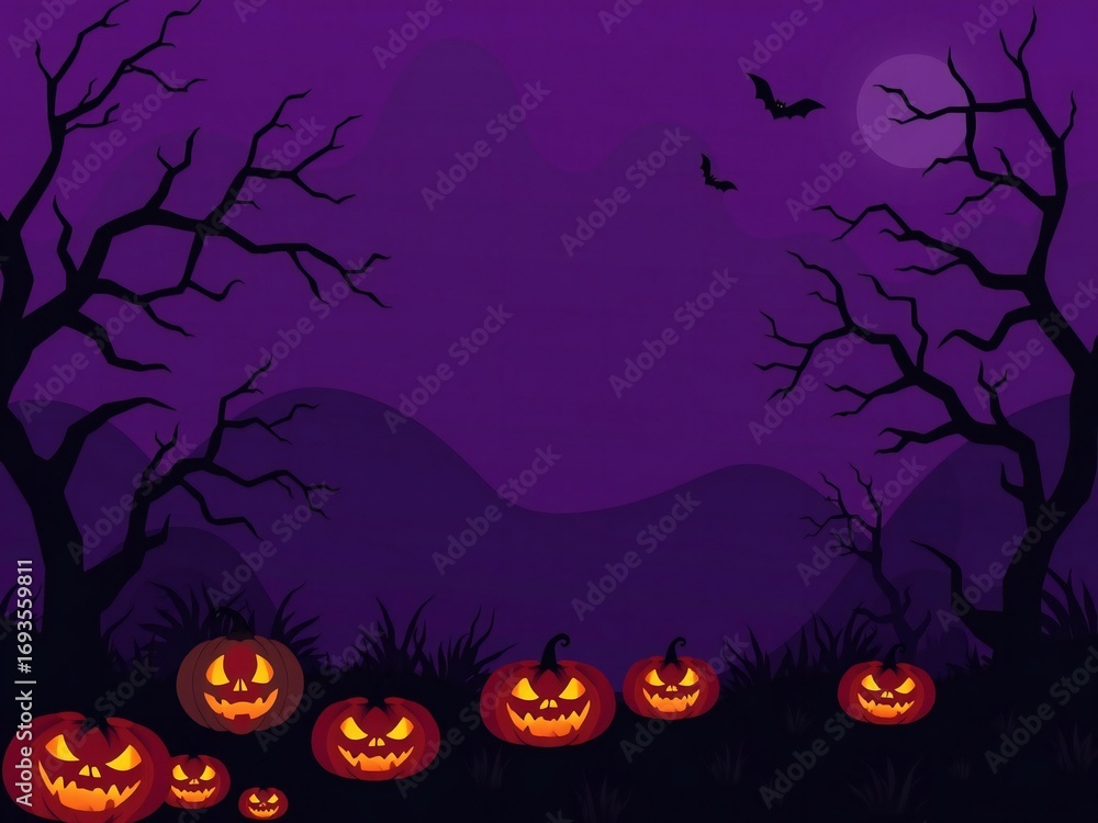 Fototapeta premium Spooky halloween night with carved pumpkins and bare trees under a full moon