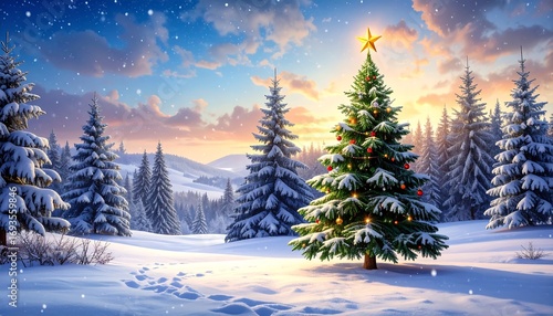 Wallpaper Mural Snowy Christmas scene with a decorated tree Torontodigital.ca