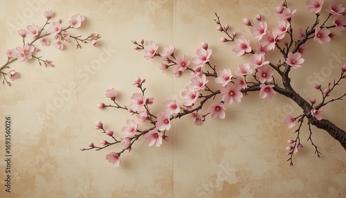 Delicate, pastel-pink cherry blossoms artfully arranged against a textured, warm beige backdrop.