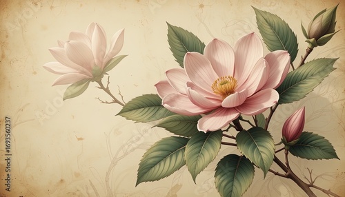 Delicate pink magnolia blossoms grace a vintage-inspired backdrop, showcasing detailed botanical artistry.