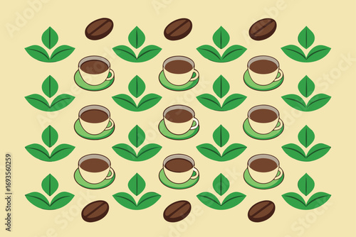 Coffee cups leaves and beans pattern saucer drink