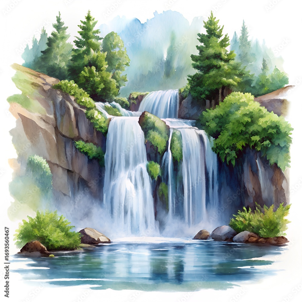 Naklejka premium Watercolor Waterfall Nature Artwork on White Background