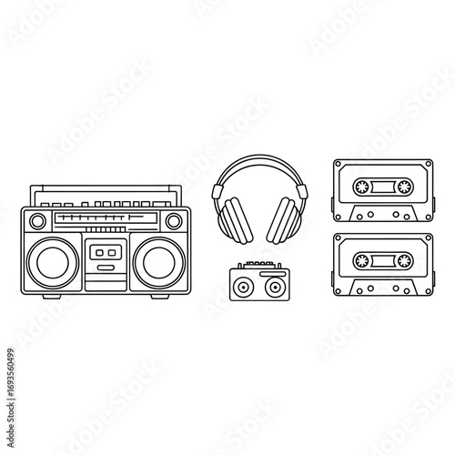 Retro boombox headphones and cassette tapes illustration