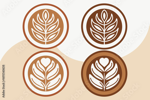 Coffee latte art icons with leaves and heart designs