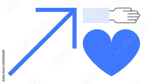 Blue upward arrow, an open hand gesture, and a bold blue heart symbolizing growth, compassion, and progress. Ideal for support, charity, development, healthcare self-improvement connection simple