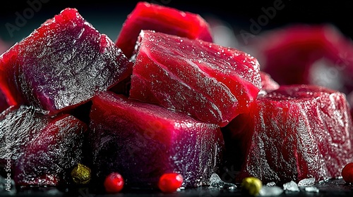 Pile of diced red beets with small colorful sprinkles on dark background.