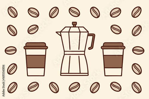 Coffee maker and cups surrounded by coffee beans moka pot