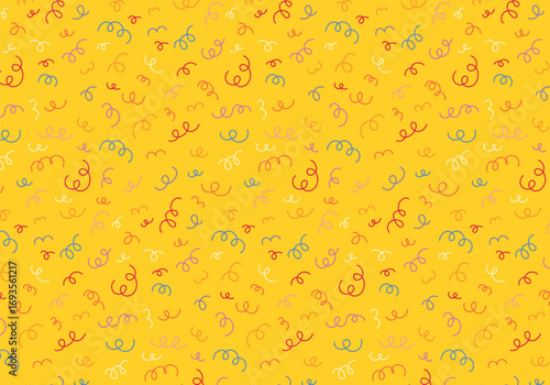 Seamless pattern in retro cartoon style in yellow background. Party decor with colorful confetti. Parties, gifts, greetings, birthday, festival, carnival, holiday. Wall decor for making party paper.