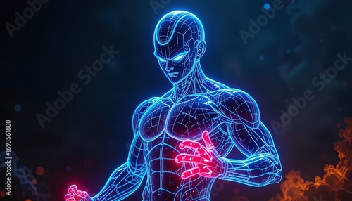 A powerful figure, defined by vibrant neon lines and a dynamic pose, stands against a backdrop of smoke and glowing particles.