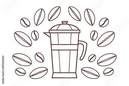French press surrounded by coffee beans maker