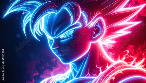 A striking close-up portrayal of a powerful figure, bathed in vibrant neon blue and red hues, showcasing intense energy and a determined expression.