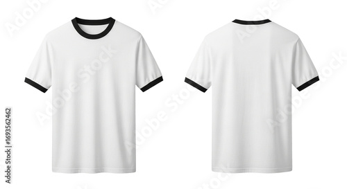 White ringer t-shirt, front and back views, plain design, short sleeves.