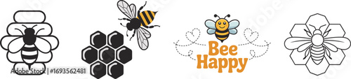 Set of honey bee, vector illustration.