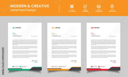 Modern and creative letterhead designs with abstract geometric shapes and branding elements