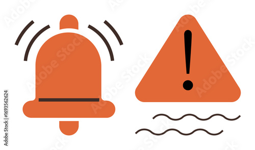 Bell ringing with motion lines and a triangular warning sign with exclamation mark and wavy lines. Ideal for safety, security, notification, caution, risk, emergency, attention. Simple flat metaphor
