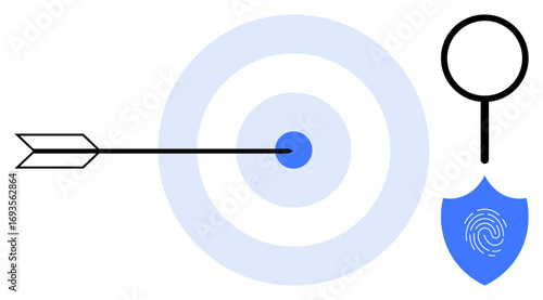 Arrow hitting blue target center symbolizing precision, shield with fingerprint for security, magnifier for analysis. Ideal for cybersecurity, biometrics, focus, data accuracy, privacy, goals tech