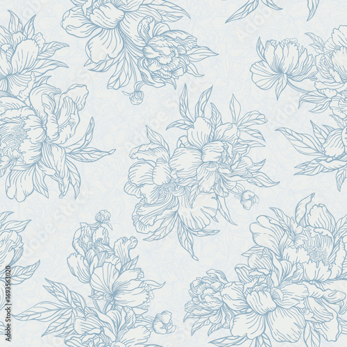 Elegant blue peony pattern with delicate line art on a soft background. Blooming flowers and leaves in a seamless repeat.