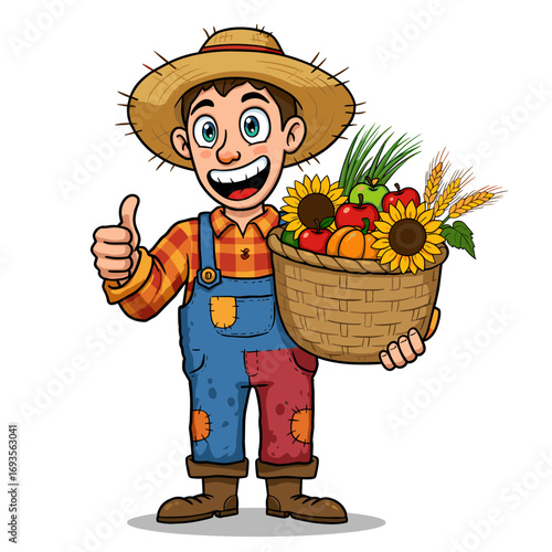 A smiling farmer in plaid and patched overalls holds a basket of harvest goods, giving a cheerful thumbs-up.