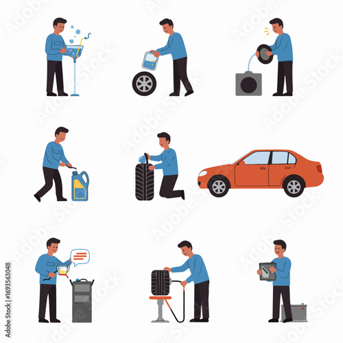 Professional auto mechanic performs essential car maintenance and repair services, including fluid checks, tire care, and battery inspection.
