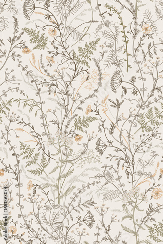 Elegant botanical seamless pattern with delicate wildflowers and herbs in warm earth tones.