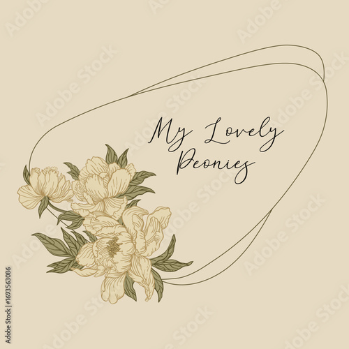 Frame with a composition of peonies. Natural beige colors.