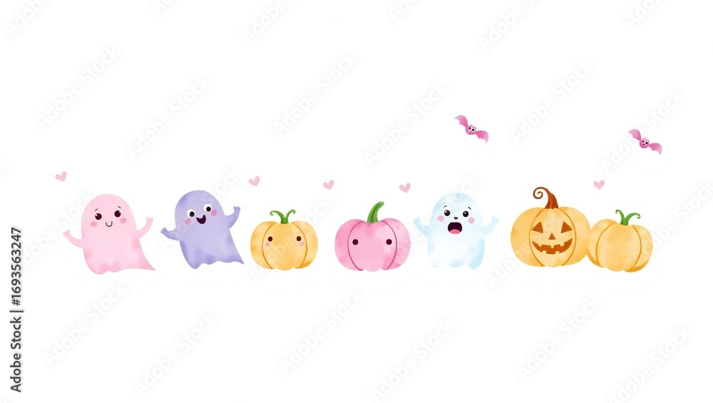 Fototapeta premium Cute watercolor ghosts and pumpkins with happy faces for halloween